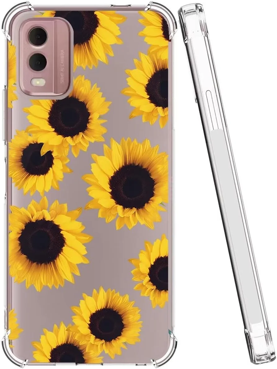 قاب گوشی برای نوکیا C32، قاب محافظ نازک، ضد ضربه، طرح گلدار شفاف، TPU نرم و انعطاف پذیر برای نوکیا C32 طرح آفتابگردان
