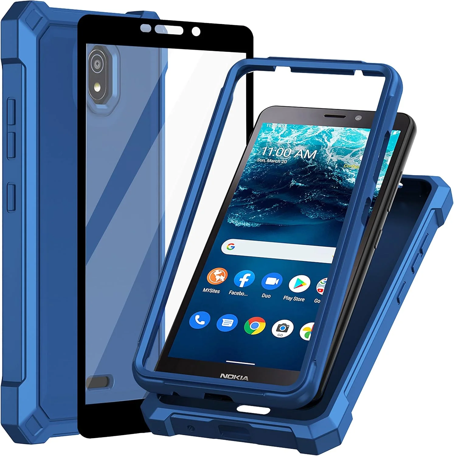 قاب محافظ گوشی نوکیا C100 به همراه محافظ صفحه نمایش، ساختار دو لایه، ضربه گیر TPU در گوشه‌ها، پوشش محافظتی مقاوم و سنگین برای نوکیا C100 - آبی