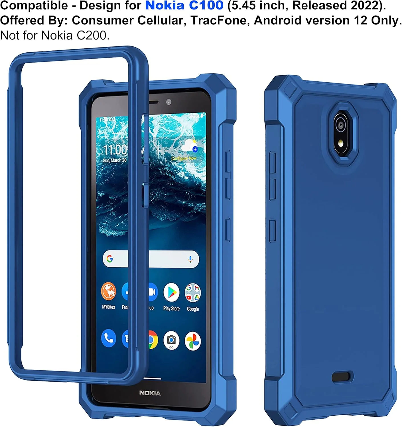 قاب محافظ گوشی نوکیا C100 به همراه محافظ صفحه نمایش، ساختار دو لایه، ضربه گیر TPU در گوشه‌ها، پوشش محافظتی مقاوم و سنگین برای نوکیا C100 - آبی