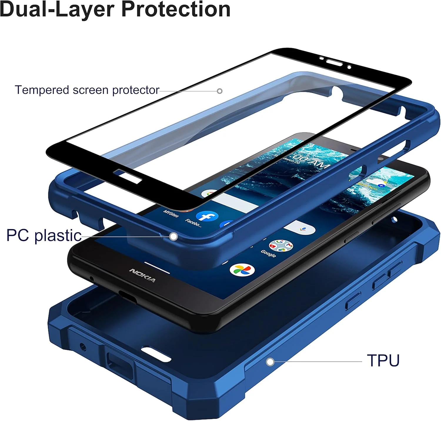 قاب محافظ گوشی نوکیا C100 به همراه محافظ صفحه نمایش، ساختار دو لایه، ضربه گیر TPU در گوشه‌ها، پوشش محافظتی مقاوم و سنگین برای نوکیا C100 - آبی