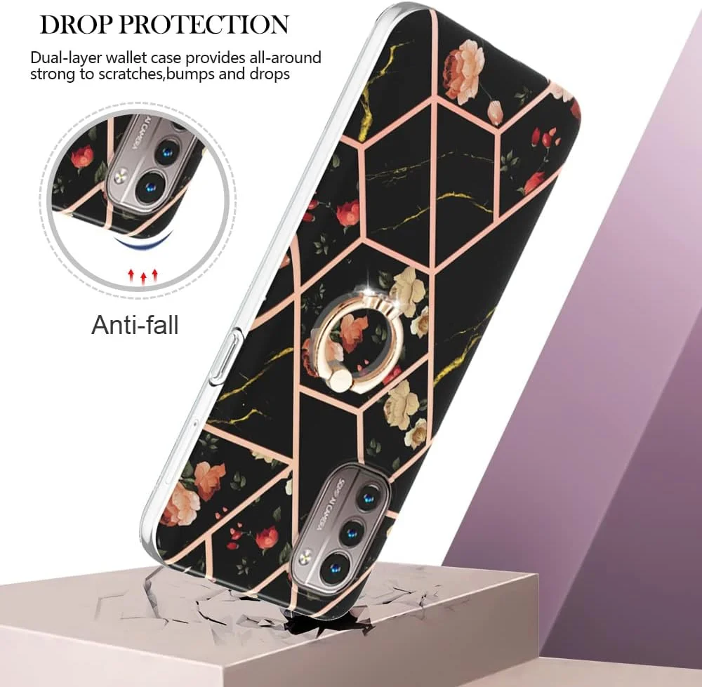 کاور گوشی موبایل Monwutong مناسب برای نوکیا G21 و G11، طرح گل مرمر IMD، کاور باریک و شیک دخترانه به همراه حلقه فلزی چرخان، مدل YBHD گل مشکی