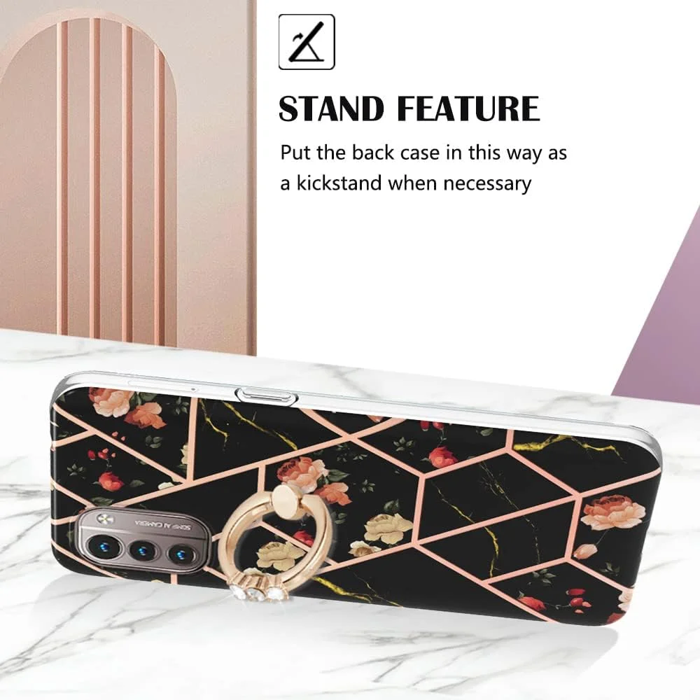 کاور گوشی موبایل Monwutong مناسب برای نوکیا G21 و G11، طرح گل مرمر IMD، کاور باریک و شیک دخترانه به همراه حلقه فلزی چرخان، مدل YBHD گل مشکی