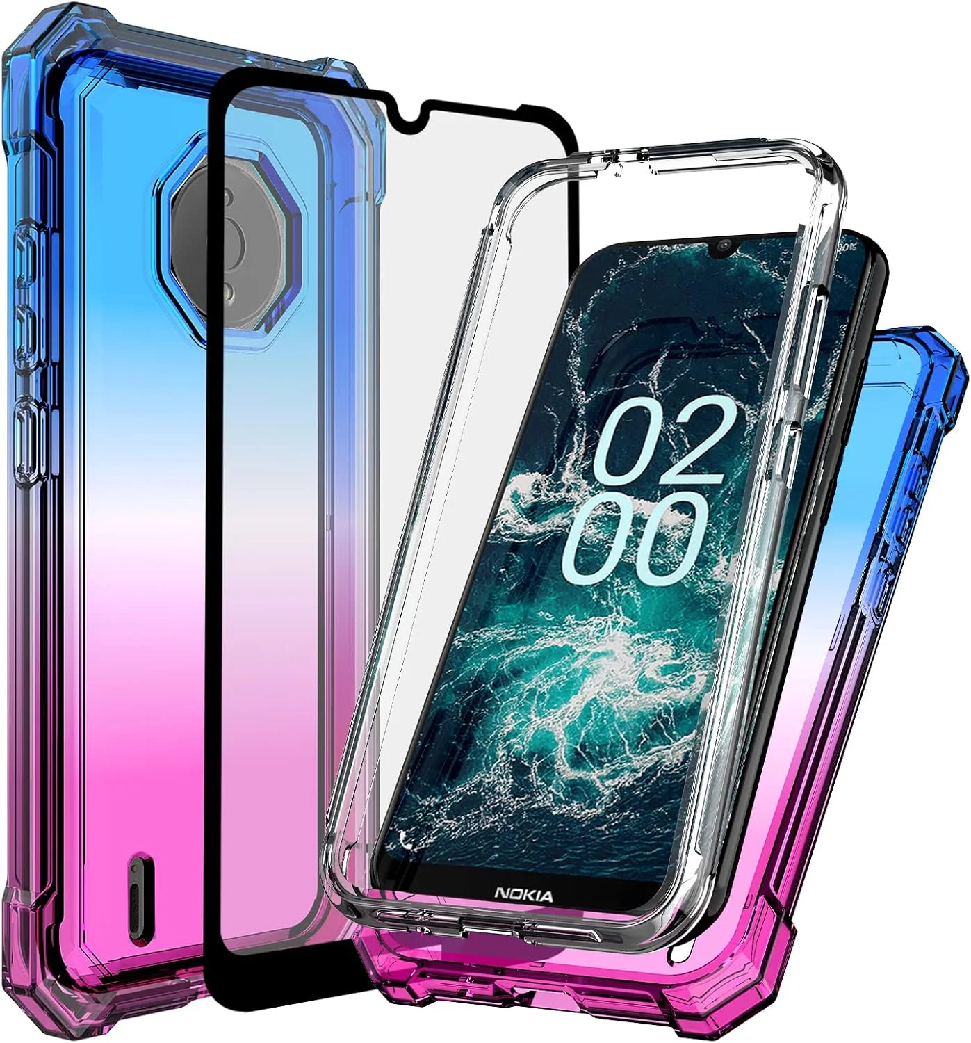 قاب گوشی Ailiber برای نوکیا C200، قاب گوشی نوکیا C200 با محافظ صفحه نمایش، ساختار محافظت دو لایه، ضربه گیر TPU گوشه ها، پوشش محافظ درجه نظامی برای نوکیا C200 - آبی صورتی