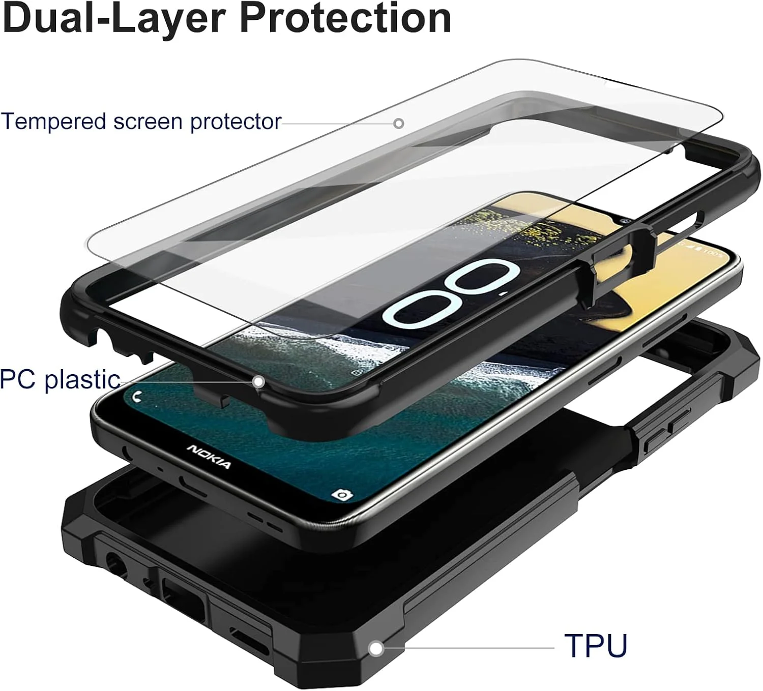 قاب گوشی Ailiber برای نوکیا G400، قاب نوکیا G400 به همراه محافظ صفحه نمایش، ساختار محافظتی 2 لایه، ضربه گیر TPU در گوشه‌ها، پوشش محافظتی تمام بدنه مقاوم برای نوکیا G400 - مشکی