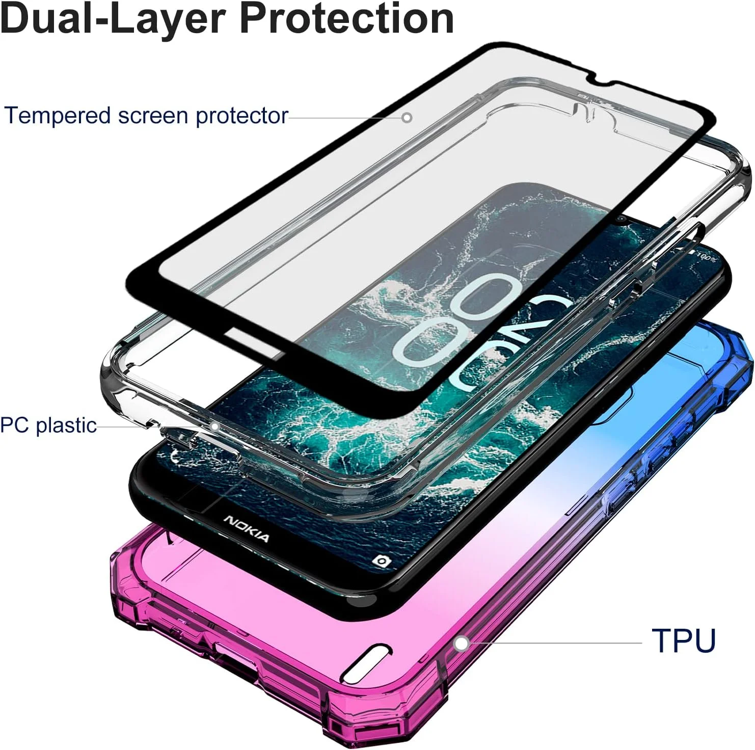 قاب گوشی Ailiber برای نوکیا C200، قاب گوشی نوکیا C200 با محافظ صفحه نمایش، ساختار محافظت دو لایه، ضربه گیر TPU گوشه ها، پوشش محافظ درجه نظامی برای نوکیا C200 - آبی صورتی