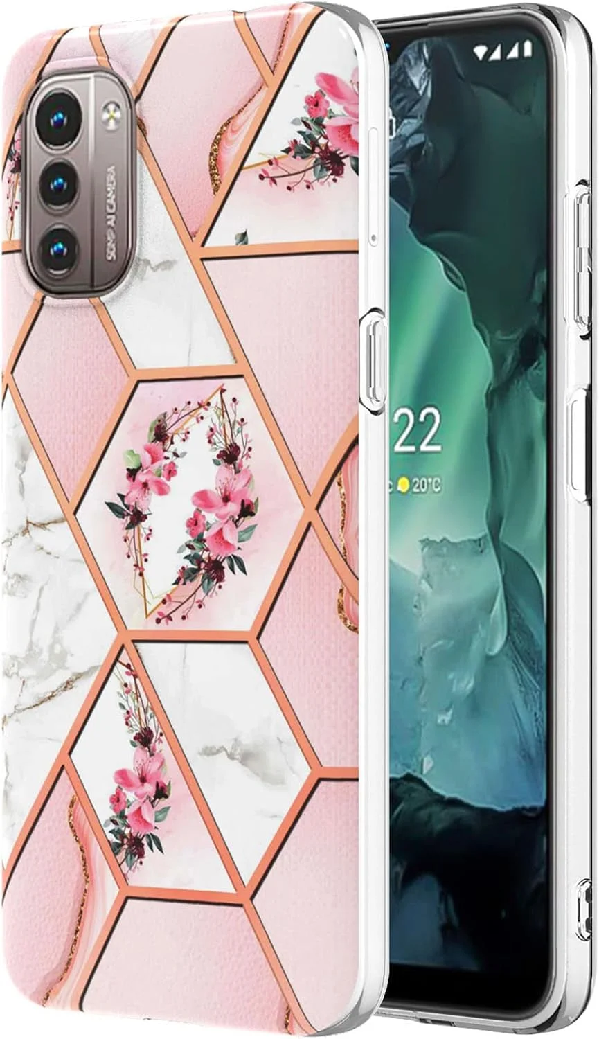 قاب گوشی Monwutong برای نوکیا G20، قاب برای نوکیا G10، TPU نرم + طرح مرمر IMD، قاب باریک دخترانه، با محافظ لنز دوربین و صفحه نمایش برای نوکیا G20/نوکیا G10، گل صورتی HDYB