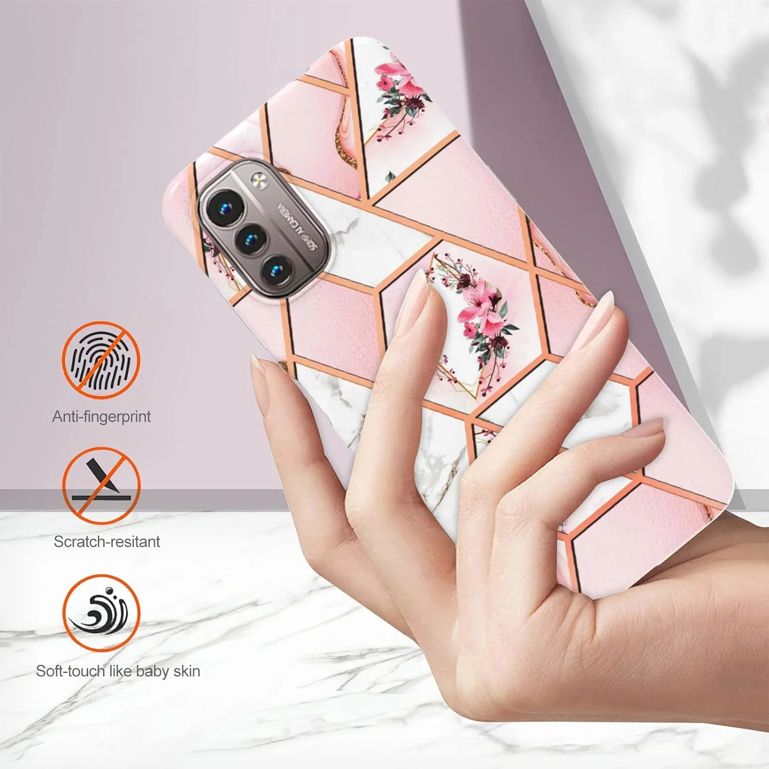 قاب گوشی Monwutong برای نوکیا G20، قاب برای نوکیا G10، TPU نرم + طرح مرمر IMD، قاب باریک دخترانه، با محافظ لنز دوربین و صفحه نمایش برای نوکیا G20/نوکیا G10، گل صورتی HDYB