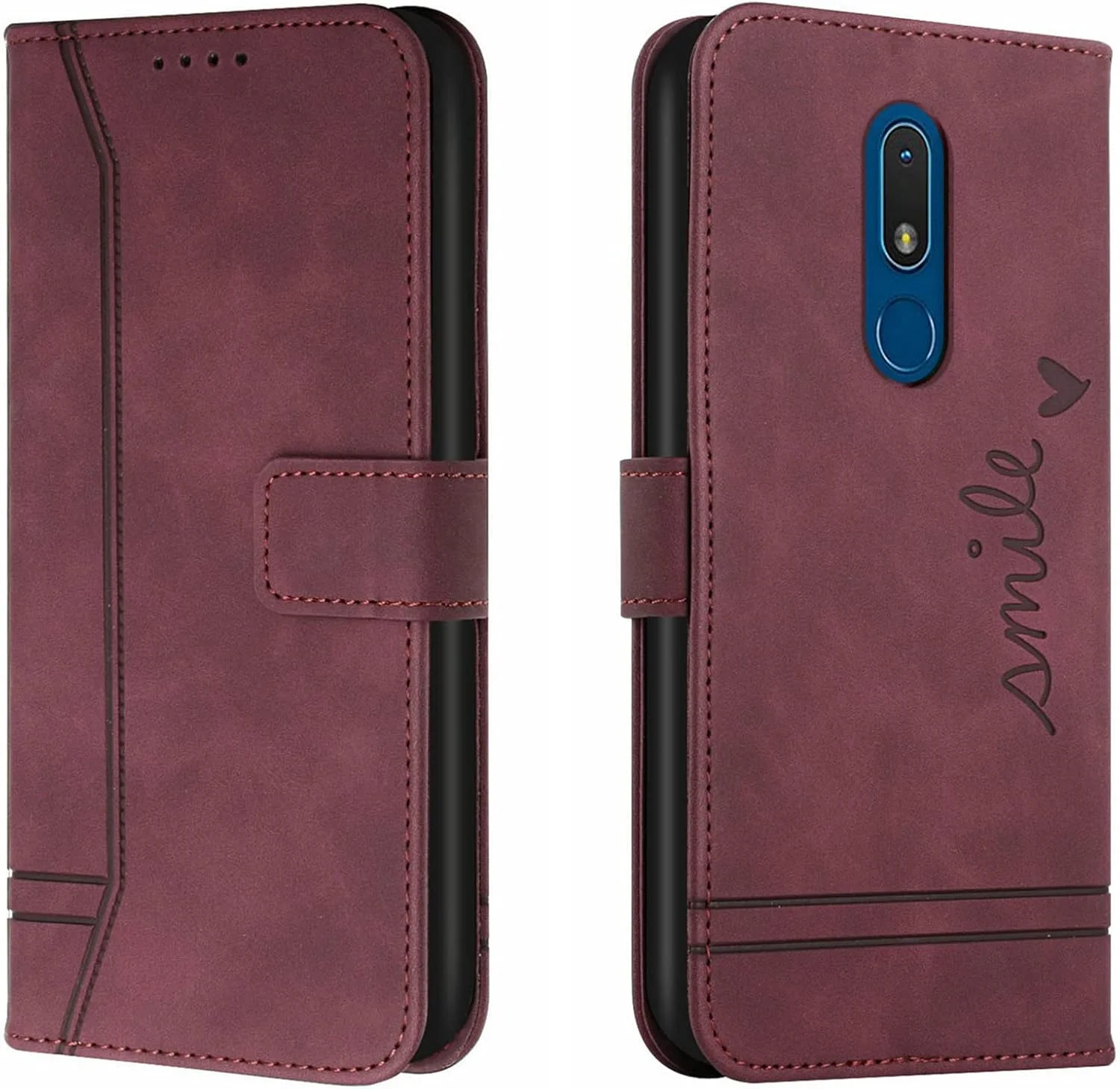 کیف محافظ چرمی تاشو Lihondar سازگار با نوکیا C3، دارای جای کارت، قفل مغناطیسی و پایه نگهدارنده [ضد ضربه TPU]، رنگ قرمز