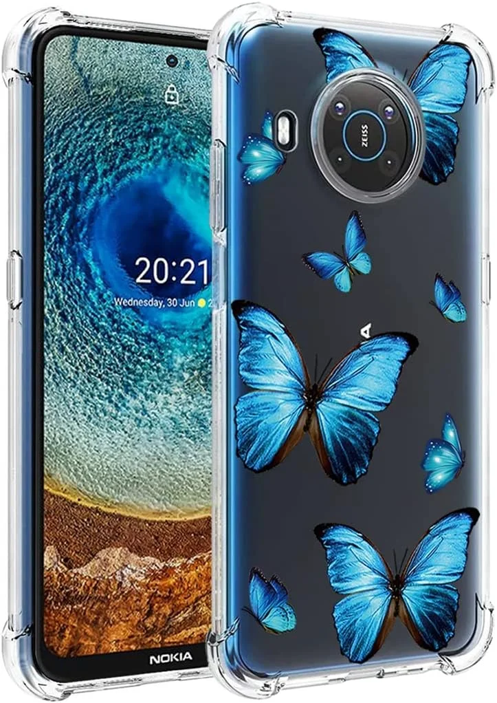 قاب محافظ گوشی نوکیا X10، قاب محافظ نوکیا X20 مدل TA-1332 TA-1341 طرح زیبا، کاور سیلیکونی ژله ای نرم و شفاف با ضربه گیر انعطاف پذیر برای گوشی نوکیا X10/X20 (پروانه آبی)