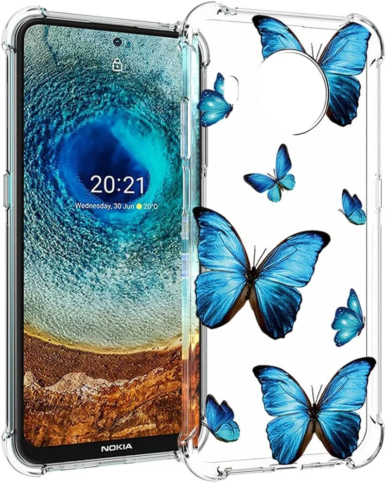 قاب محافظ گوشی نوکیا X10، قاب محافظ نوکیا X20 مدل TA-1332 TA-1341 طرح زیبا، کاور سیلیکونی ژله ای نرم و شفاف با ضربه گیر انعطاف پذیر برای گوشی نوکیا X10/X20 (پروانه آبی)