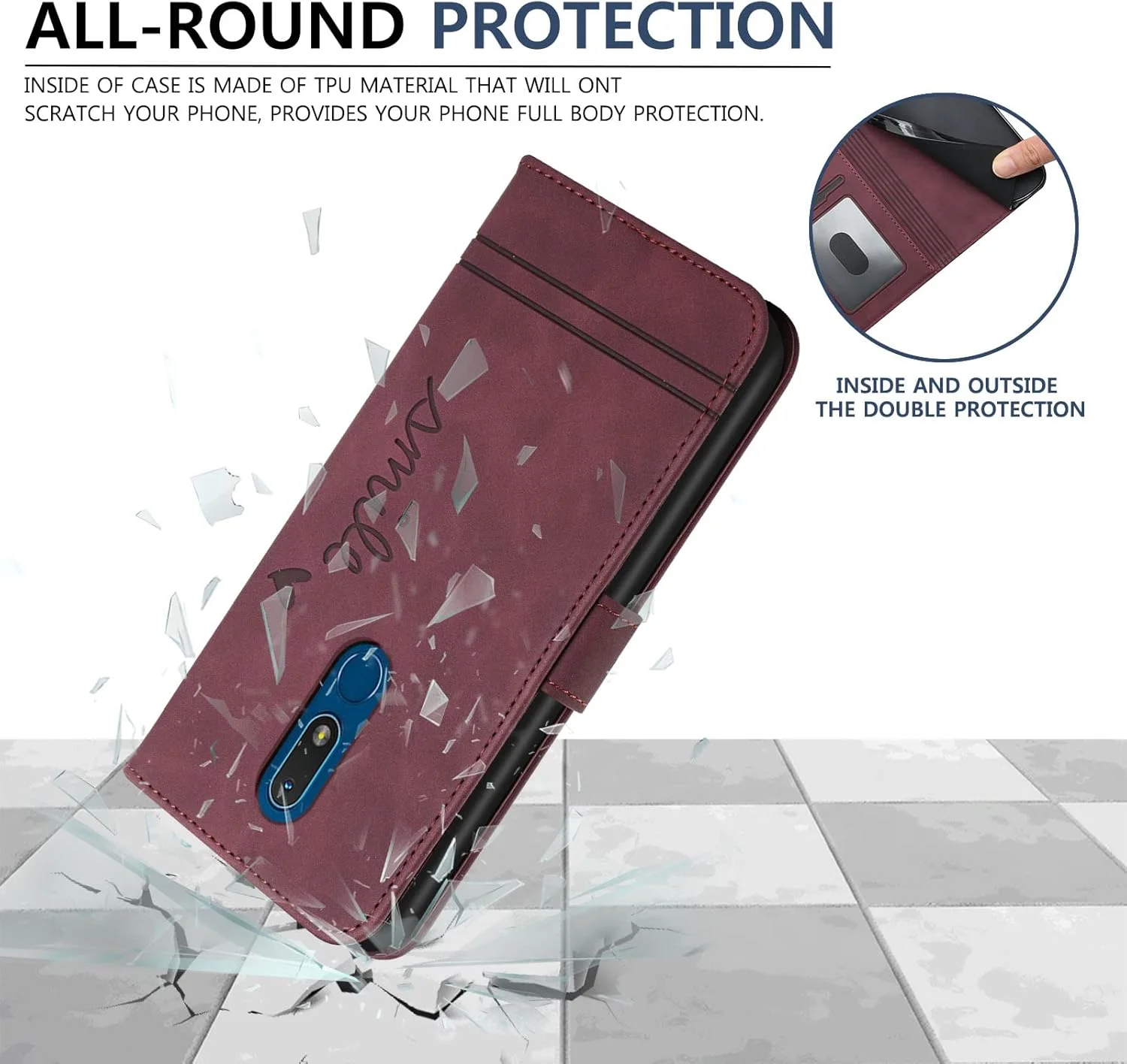 کیف محافظ چرمی تاشو Lihondar سازگار با نوکیا C3، دارای جای کارت، قفل مغناطیسی و پایه نگهدارنده [ضد ضربه TPU]، رنگ قرمز