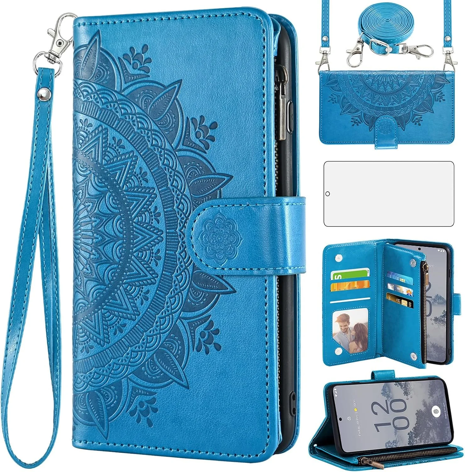کیف پول گوشی آسویش برای نوکیا X30 5G با محافظ صفحه نمایش شیشه ای حرارتی و نگهدارنده کارت اعتباری چرمی طرح گل ماندالا، لوازم جانبی تلفن همراه، پایه TPU، آبی مناسب بانوان و دختران
