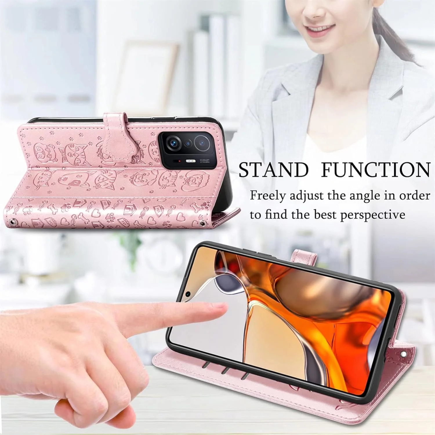 کاور گوشی RanTuo برای نوکیا G11، دارای جای کارت، پایه نگهدارنده، TPU + چرم PU، کاور محافظ تاشو برای نوکیا G11 (رزگلد)