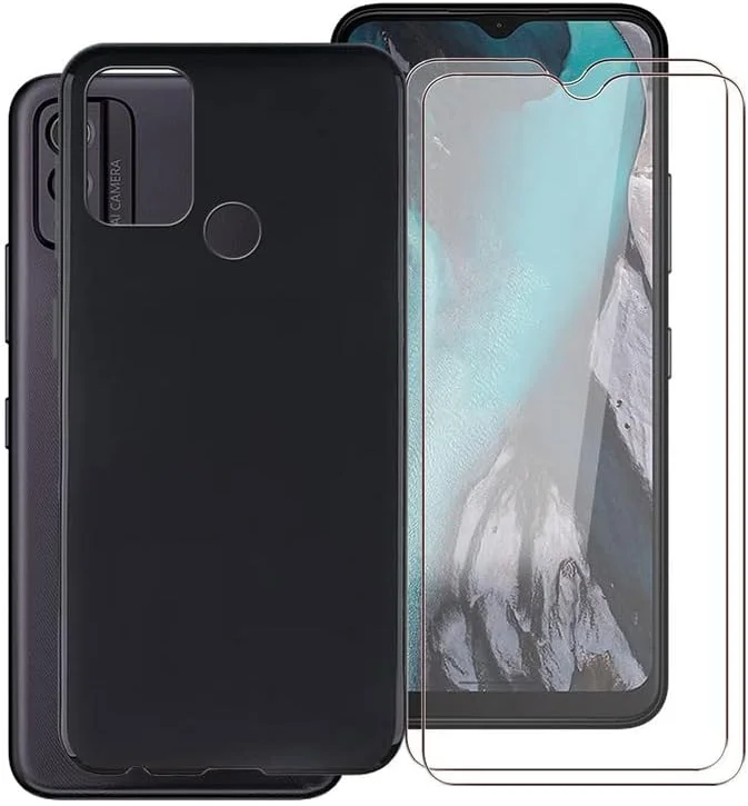 قاب گوشی TREBAM برای نوکیا C22 (6.50 اینچ) به همراه 2 عدد محافظ صفحه نمایش شیشه ای حرارت دیده، کاور سیلیکونی مشکی TPU نرم و ضد ضربه برای نوکیا C22 - مشکی