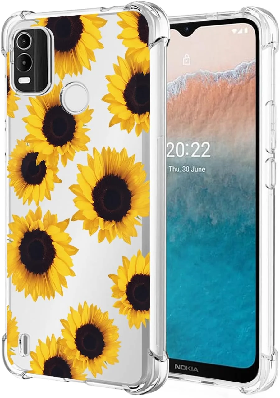 کاور محافظ گوشی نوکیا C21 پلاس، کاور دخترانه و زنانه نوکیا C21+ مدل TA-1433، کاور محافظ گوشی باریک و منعطف TPU شفاف با طرح گل آفتابگردان برای نوکیا C21 پلاس