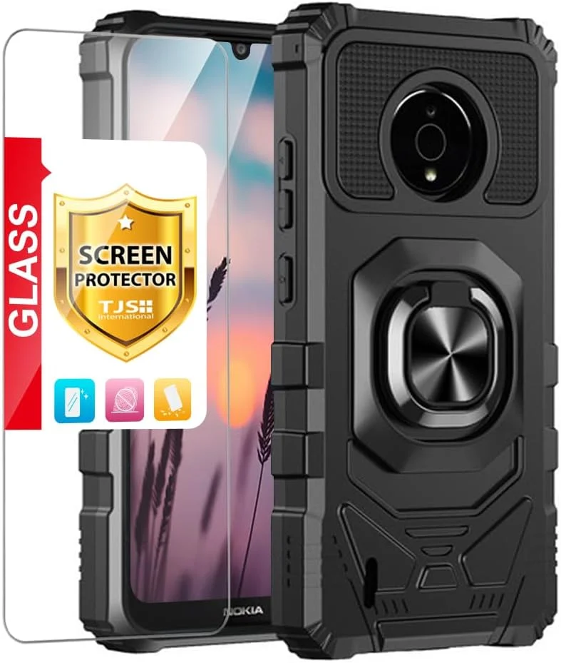 قاب محافظ گوشی نوکیا C200 مدل N151DL، حلقه فلزی محافظ با قابلیت اتصال مغناطیسی و پایه استند، محافظت سنگین در برابر سقوط، پوشش قاب گوشی برای نوکیا C200 (مشکی)