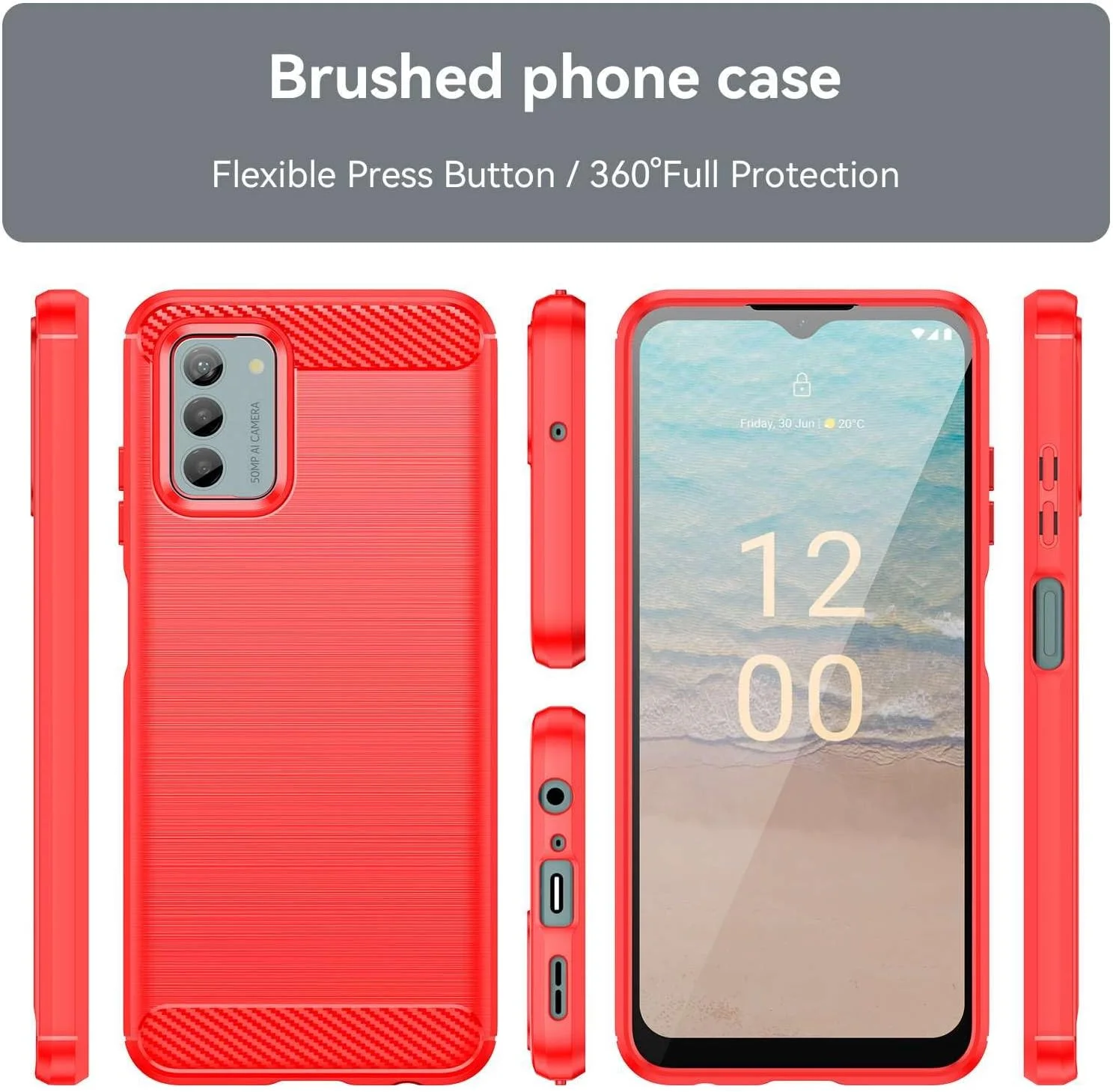 قاب گوشی موبایل برای نوکیا G310، فیبر کربن تصفیه شده، ضد افتادن، ضد اثر انگشت، محافظت کامل - قرمز