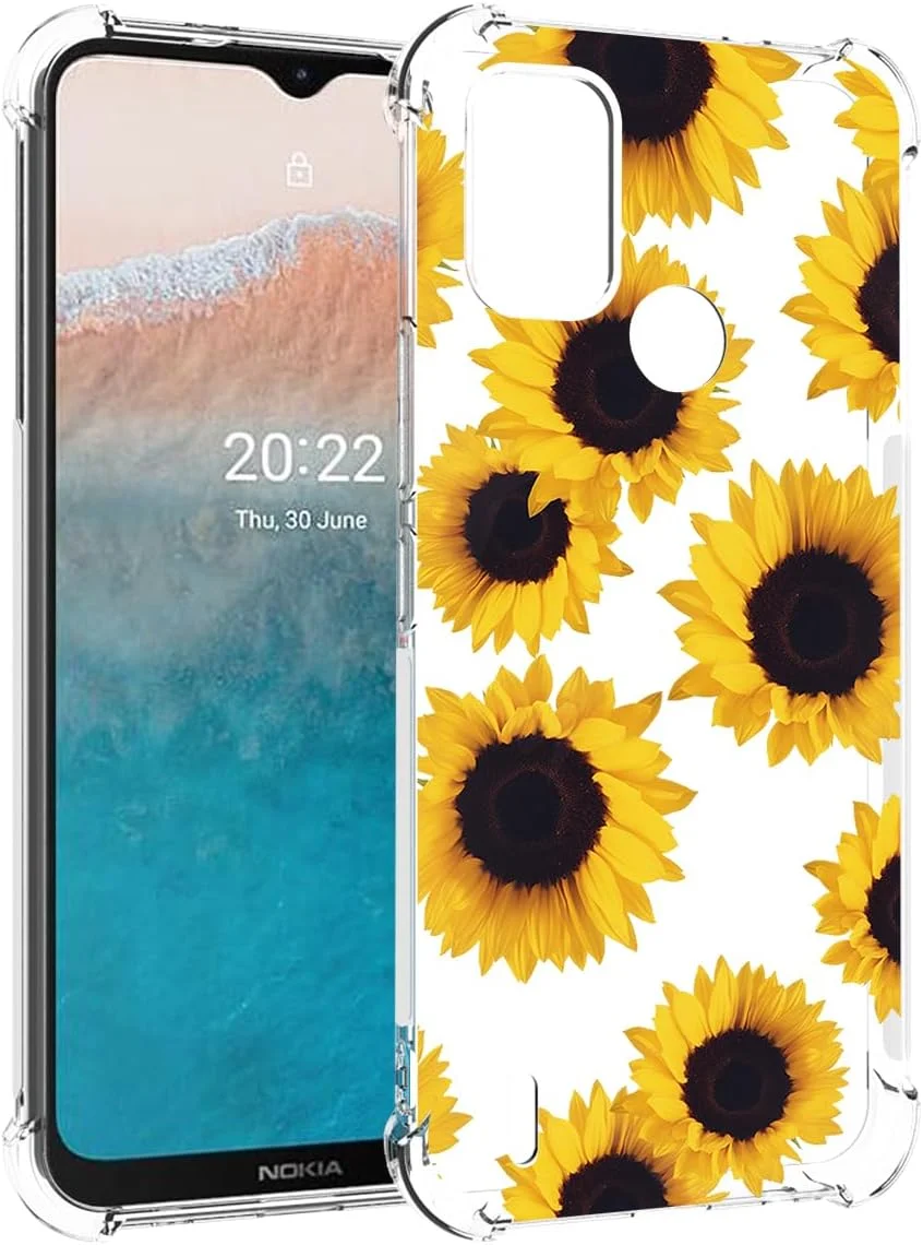 کاور محافظ گوشی نوکیا C21 پلاس، کاور دخترانه و زنانه نوکیا C21+ مدل TA-1433، کاور محافظ گوشی باریک و منعطف TPU شفاف با طرح گل آفتابگردان برای نوکیا C21 پلاس