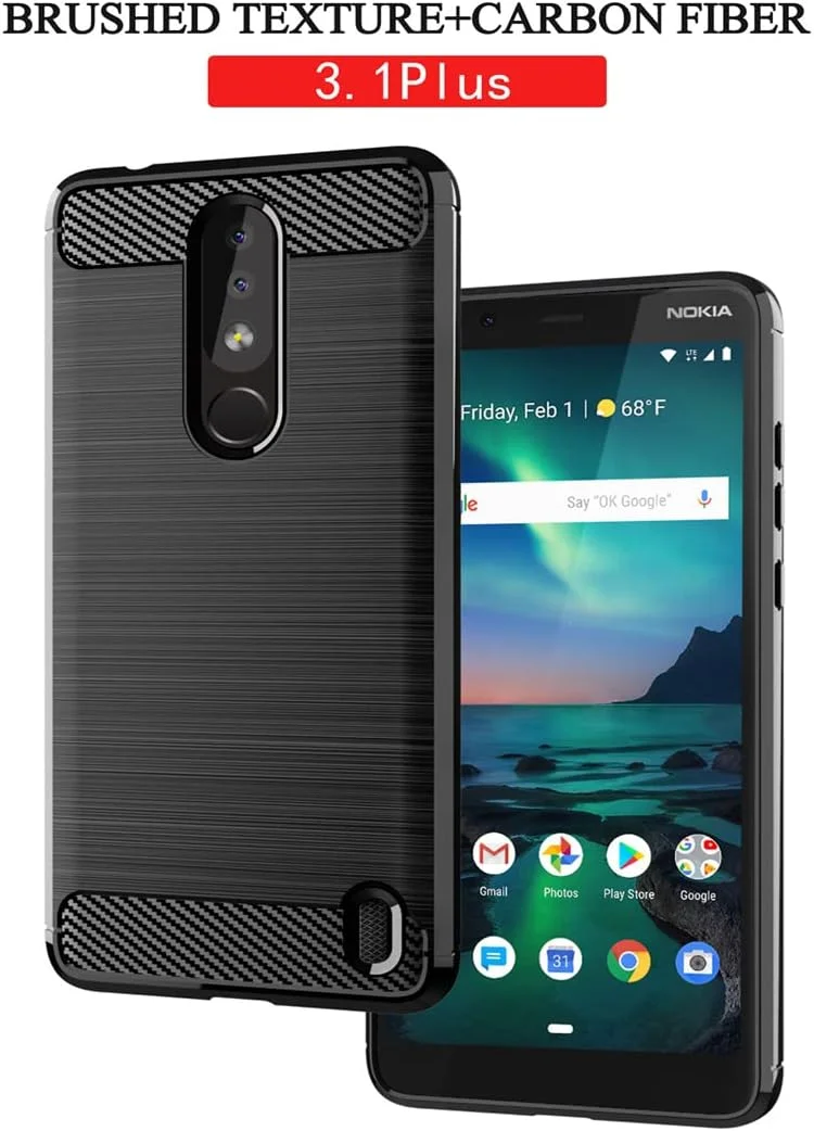 قاب گوشی برای نوکیا 3.1 پلاس (نسخه ایالات متحده) مدل TA-1118، کاور فیبر کربنی ضد ضربه، محافظ مقاوم در برابر خراش، کاور پشتی نرم TPU برای نوکیا 3.1 پلاس (مشکی)