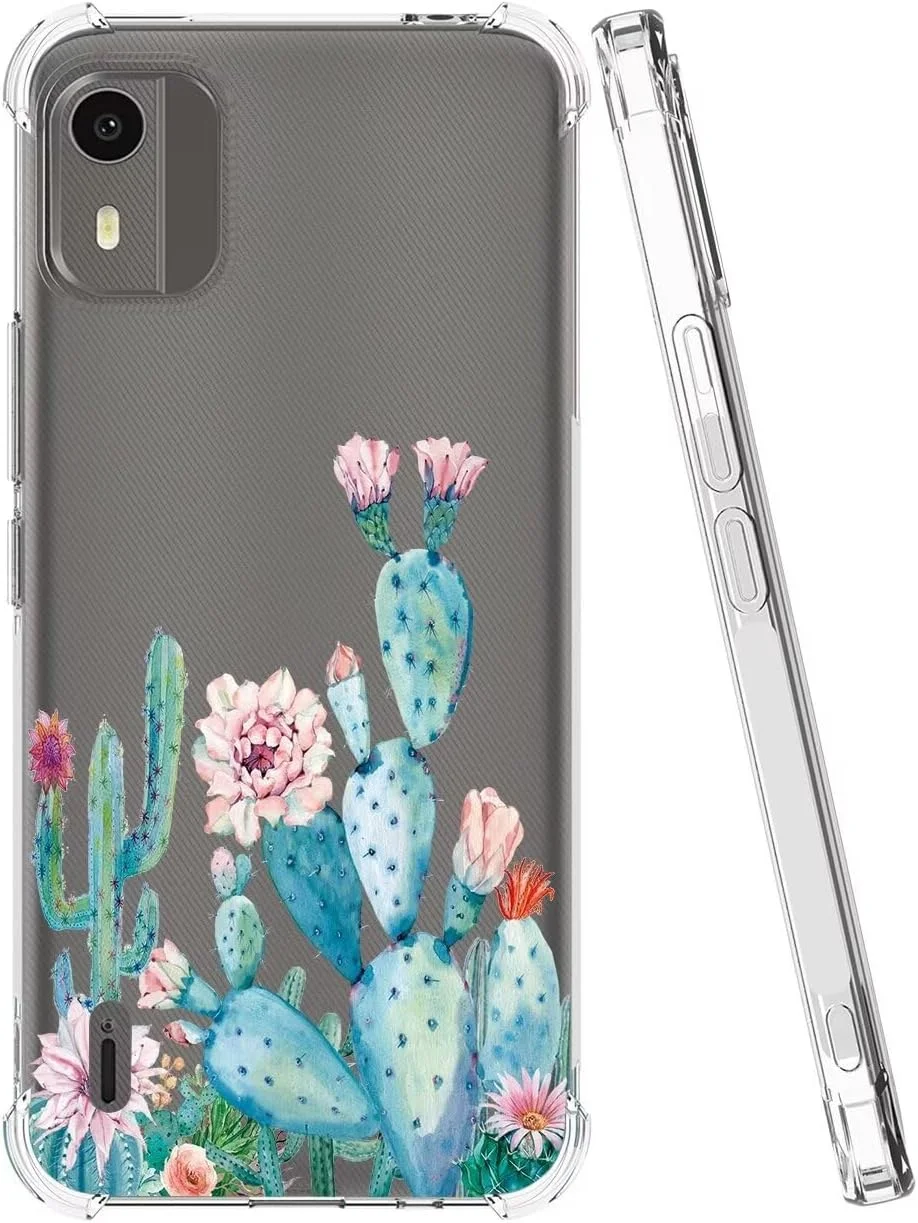 قاب محافظ گوشی نوکیا C12، قاب محافظ گوشی نوکیا C12 پلاس/نوکیا C12 پرو مناسب دختران و بانوان، کاور محافظ گوشی باریک و انعطاف پذیر TPU نرم با طرح گل شفاف برای نوکیا C12 طرح کاکتوس