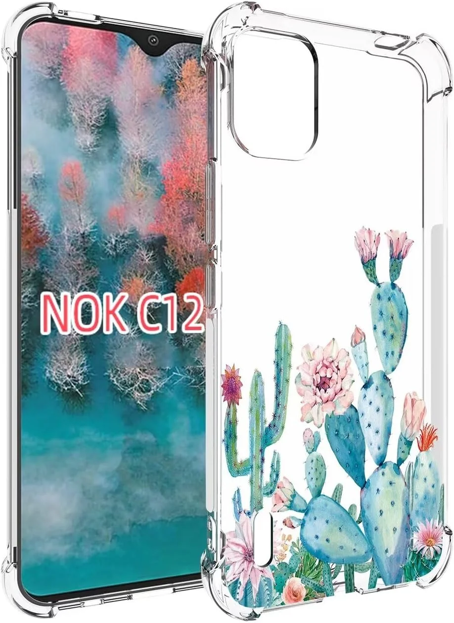 قاب محافظ گوشی نوکیا C12، قاب محافظ گوشی نوکیا C12 پلاس/نوکیا C12 پرو مناسب دختران و بانوان، کاور محافظ گوشی باریک و انعطاف پذیر TPU نرم با طرح گل شفاف برای نوکیا C12 طرح کاکتوس