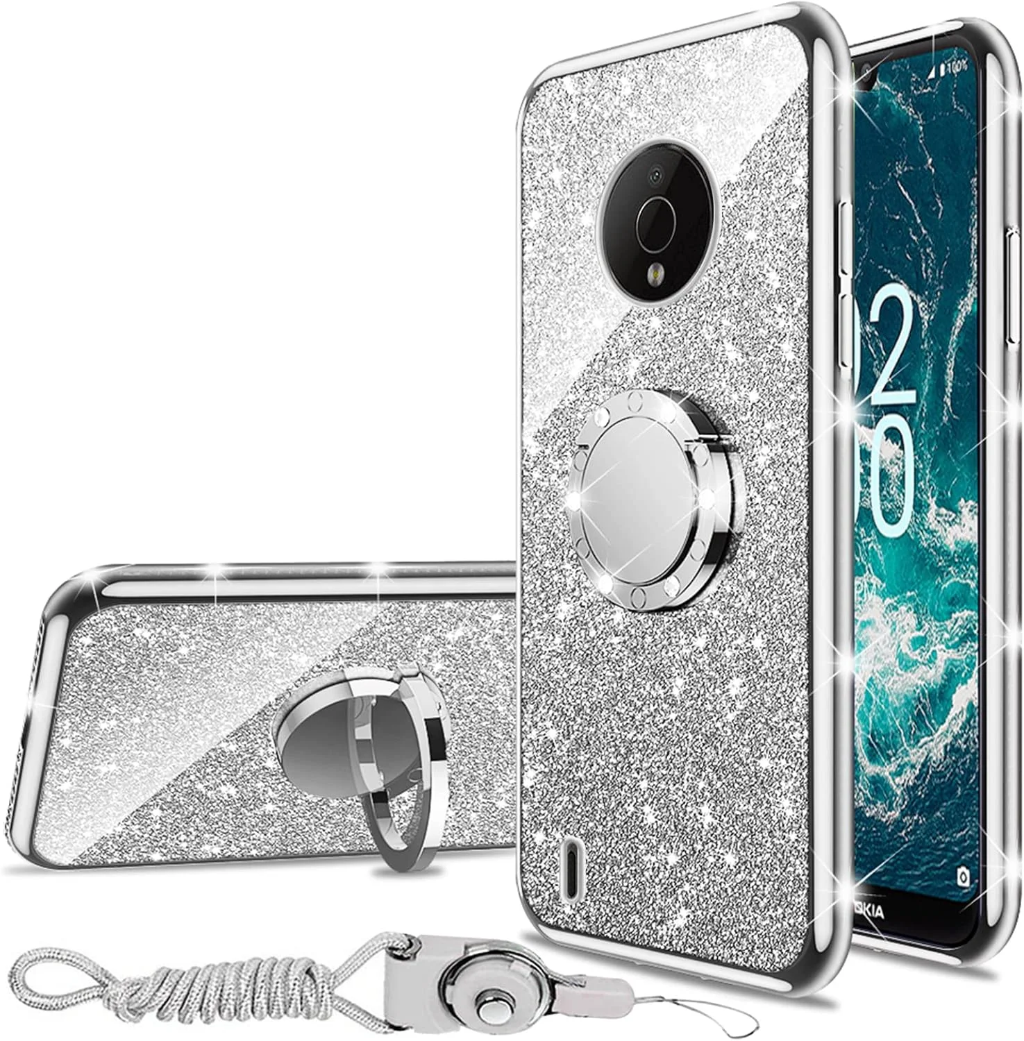 کاور گوشی نانچنگ برای نوکیا C200 سایز 6.1 اینچ مدل 2022، کاور نوکیا C200 N151DL به همراه بند گردنی، حلقه استند، ضد ضربه و محافظت در برابر افتادن، کاور نرم و براق TPU زیبا برای دختران، زنان و مردان - نقره ای کاور گوشی نانچنگ برای نوکیا C200 سایز 6.1 اینچ مدل 2022، کاور نوکیا C200 N151DL به همراه بند گردنی، حلقه استند، ضد ضربه و محافظت در برابر افتادن، کاور نرم و براق TPU زیبا برای دختران، زنان و مردان - نقره ای