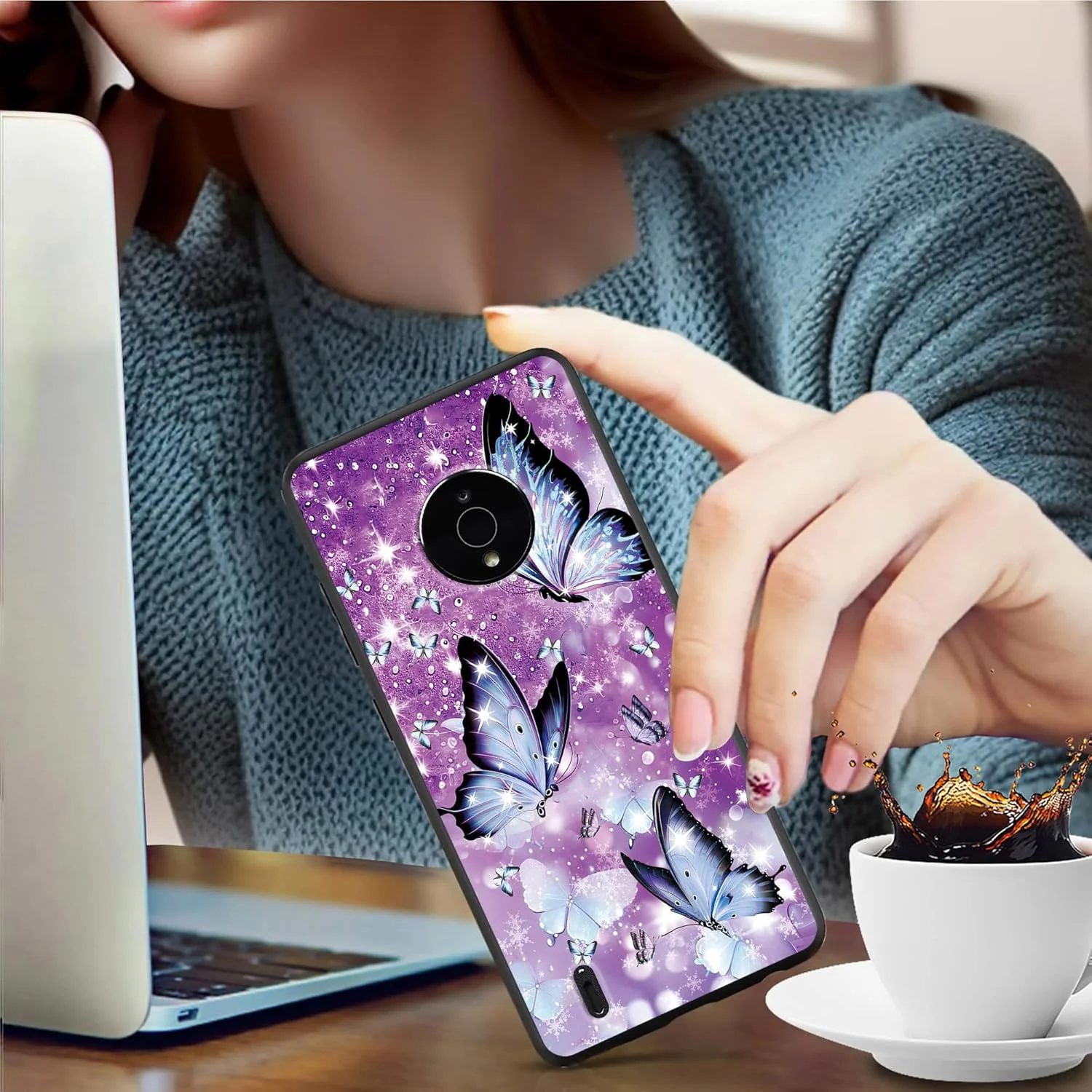 قاب گوشی نوکیا C200 با طرح پروانه های بنفش اکلیلی درخشان، ضد ضربه، باریک و سبک، پوشش محافظ TPU برای نوکیا C200 4G