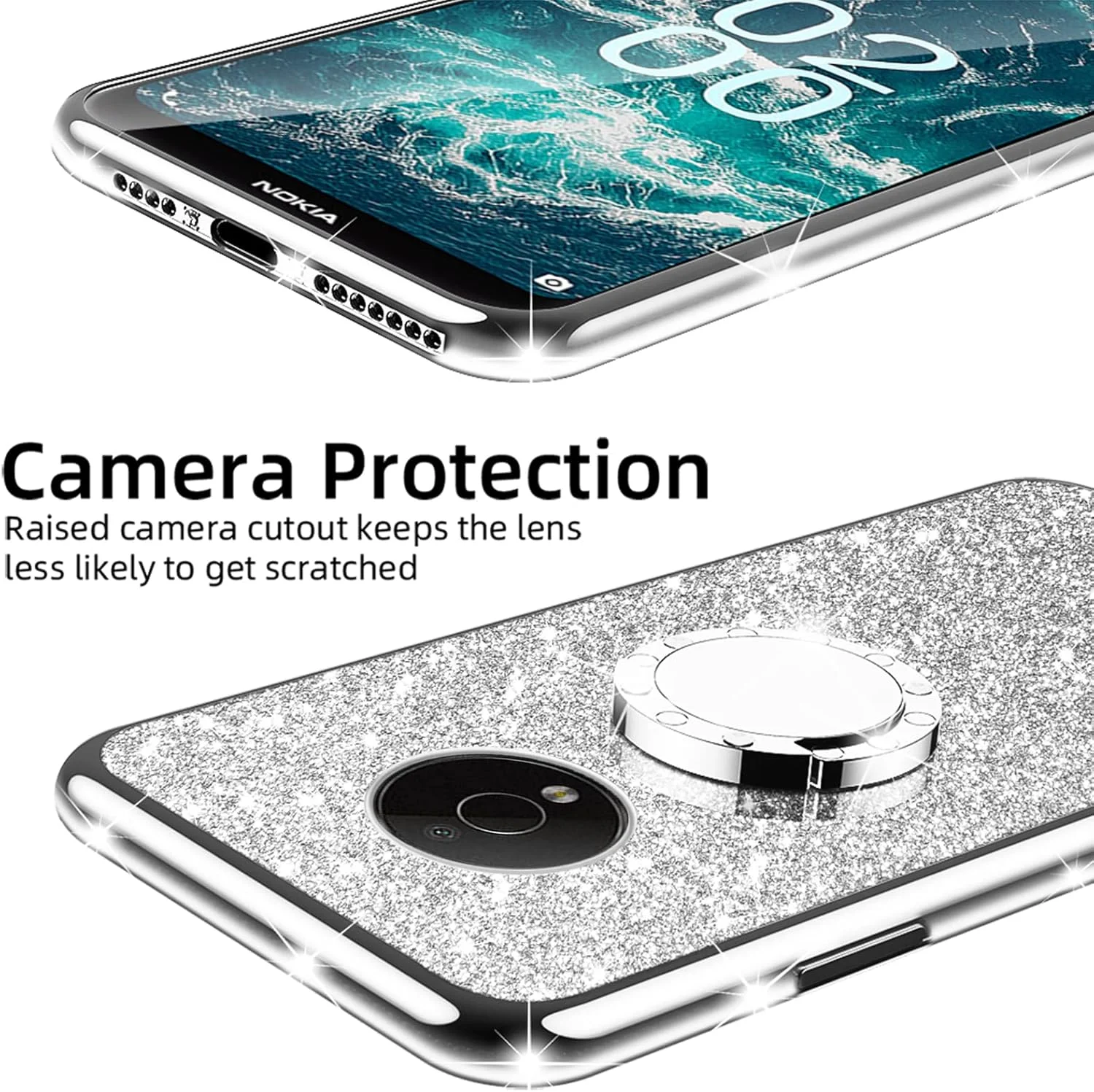 کاور گوشی نانچنگ برای نوکیا C200 سایز 6.1 اینچ مدل 2022، کاور نوکیا C200 N151DL به همراه بند گردنی، حلقه استند، ضد ضربه و محافظت در برابر افتادن، کاور نرم و براق TPU زیبا برای دختران، زنان و مردان - نقره ای کاور گوشی نانچنگ برای نوکیا C200 سایز 6.1 اینچ مدل 2022، کاور نوکیا C200 N151DL به همراه بند گردنی، حلقه استند، ضد ضربه و محافظت در برابر افتادن، کاور نرم و براق TPU زیبا برای دختران، زنان و مردان - نقره ای