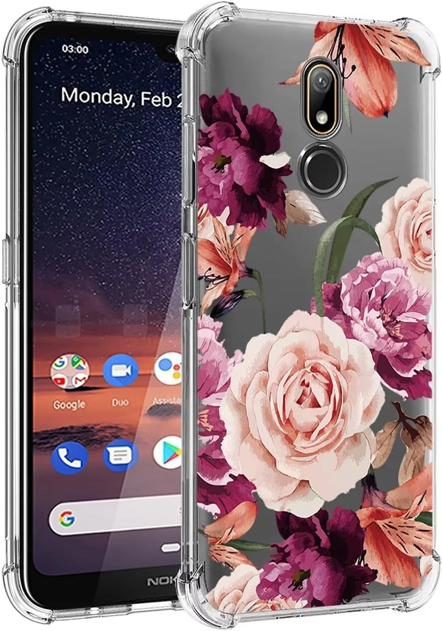 قاب گوشی Jhxtech برای نوکیا 3.2، دخترانه زنانه، طرح گلدار شفاف باریک و مقاوم در برابر ضربه، پوشش محافظ TPU نرم و انعطاف پذیر برای نوکیا 3.2، گل بنفش