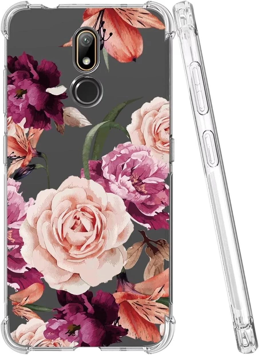 قاب گوشی Jhxtech برای نوکیا 3.2، دخترانه زنانه، طرح گلدار شفاف باریک و مقاوم در برابر ضربه، پوشش محافظ TPU نرم و انعطاف پذیر برای نوکیا 3.2، گل بنفش