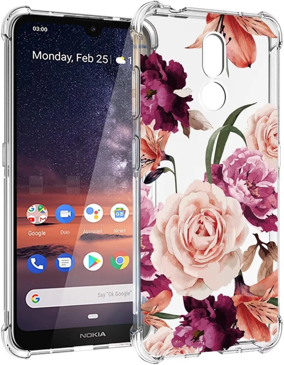 قاب گوشی Jhxtech برای نوکیا 3.2، دخترانه زنانه، طرح گلدار شفاف باریک و مقاوم در برابر ضربه، پوشش محافظ TPU نرم و انعطاف پذیر برای نوکیا 3.2، گل بنفش