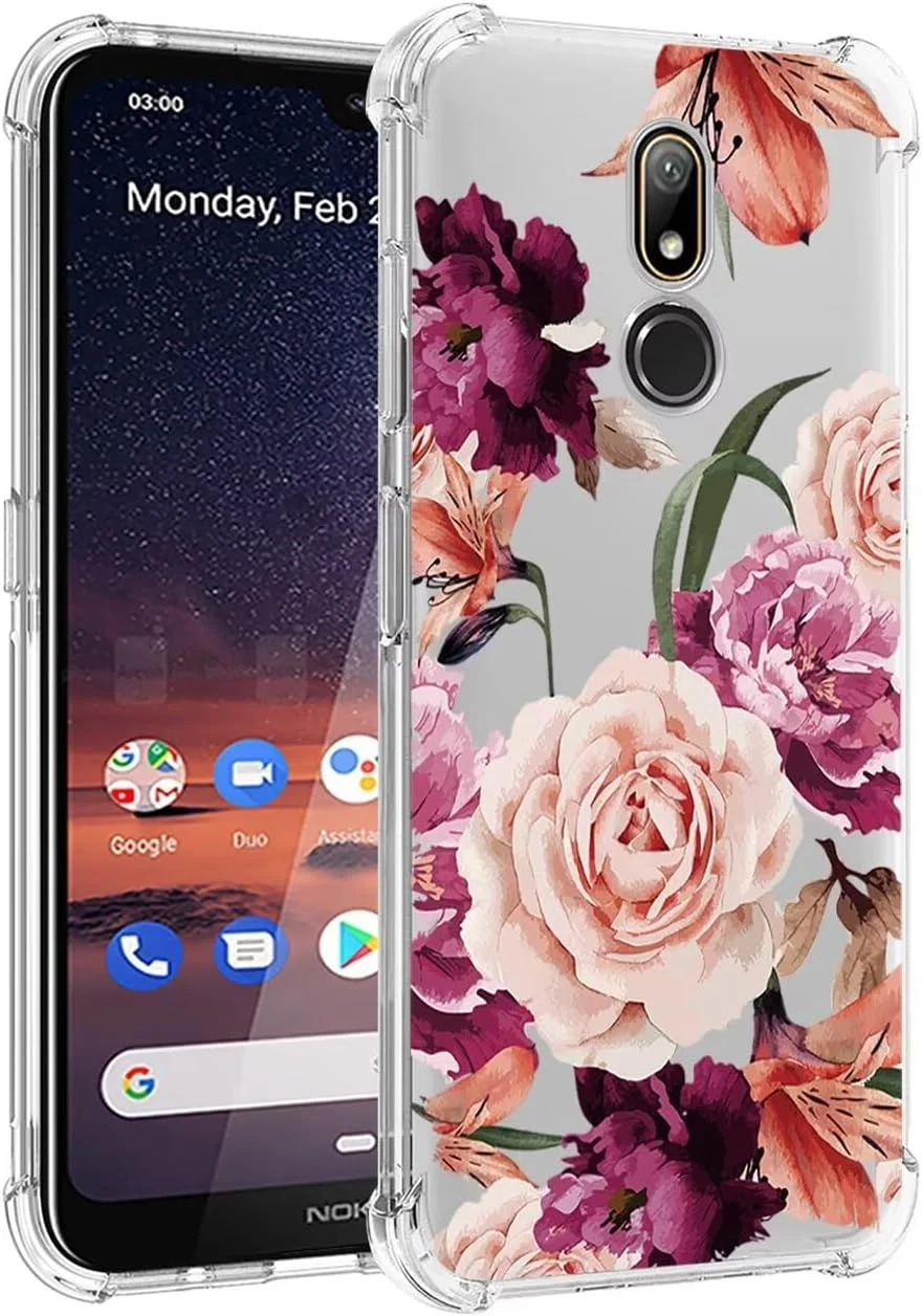 قاب گوشی Jhxtech برای نوکیا 3.2، دخترانه زنانه، طرح گلدار شفاف باریک و مقاوم در برابر ضربه، پوشش محافظ TPU نرم و انعطاف پذیر برای نوکیا 3.2، گل بنفش