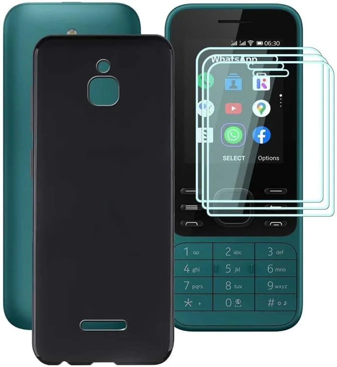 قاب گوشی برای نوکیا 6300 4G (2.4 اینچ) به همراه [3 عدد محافظ صفحه نمایش شیشه ای حرارت دیده]، بامپر سیلیکونی نرم و فوق العاده نازک، کاور مشکی TPU ضد ضربه برای نوکیا 6300 4G - مشکی