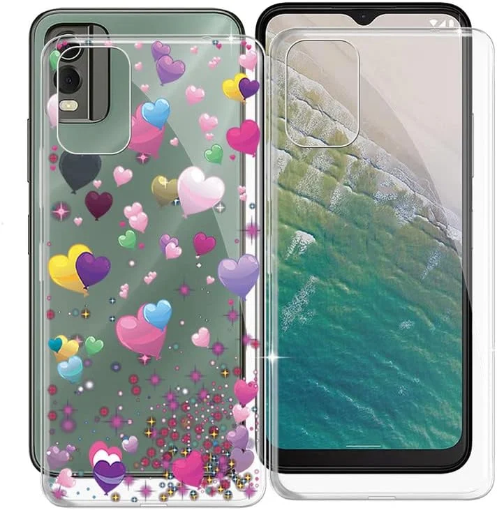 کاور گوشی موبایل مدل KJYF مناسب برای نوکیا C32 (6.5 اینچ)، کاور ضربه گیر سیلیکونی، شفاف + طراحی الگوی زیبا برای نوکیا C32 [فوق العاده باریک و ضد زردی] - [2 عدد]
