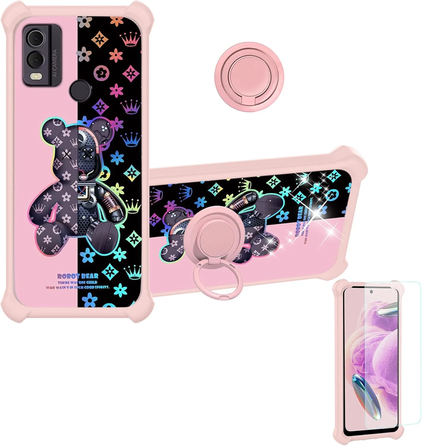 قاب محافظ گوشی نوکیا C22، سازگار با کاور گوشی نوکیا C22 [همراه با محافظ صفحه نمایش شیشه ای حرارت دیده] [PC + TPU 2 در 1] [دارای حلقه نگهدارنده] [بازتاب نور رنگارنگ] IMDF-JXX