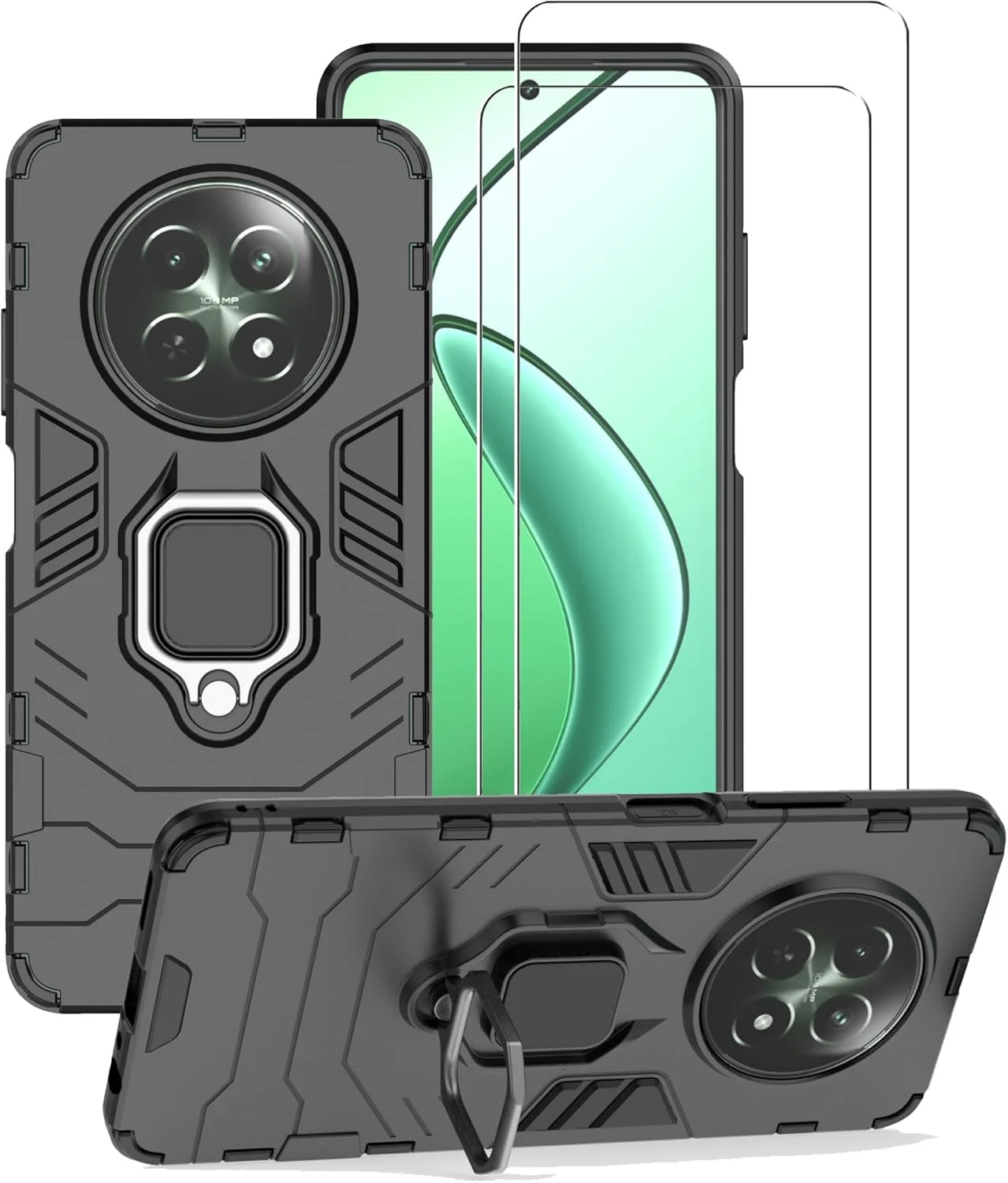 کاور محافظ گوشی ZMONE برای ریلمی 12 5G / ریلمی 12x 5G به همراه محافظ صفحه نمایش شیشه ای [2 عدد]، کاور محافظ دو لایه مقاوم در برابر ضربه با حلقه مغناطیسی - مشکی