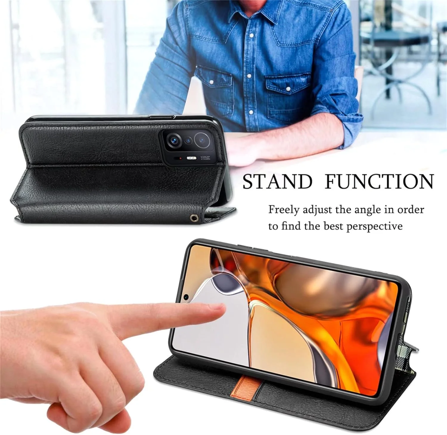 کاور گوشی نوکیا C100، دارای جای کارت، پایه نگهدارنده، TPU + چرم PU، کاور محافظ تاشو برای نوکیا C100. (مشکی)