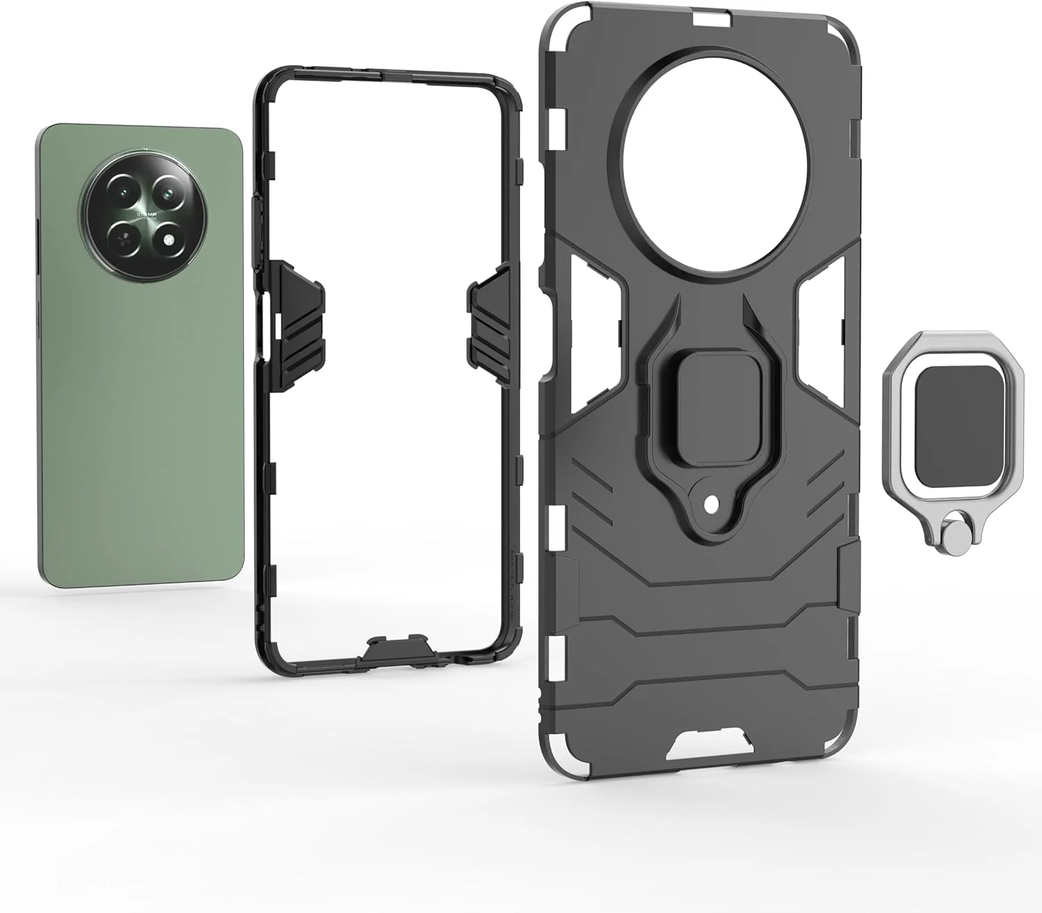 کاور محافظ گوشی ZMONE برای ریلمی 12 5G / ریلمی 12x 5G به همراه محافظ صفحه نمایش شیشه ای [2 عدد]، کاور محافظ دو لایه مقاوم در برابر ضربه با حلقه مغناطیسی - مشکی