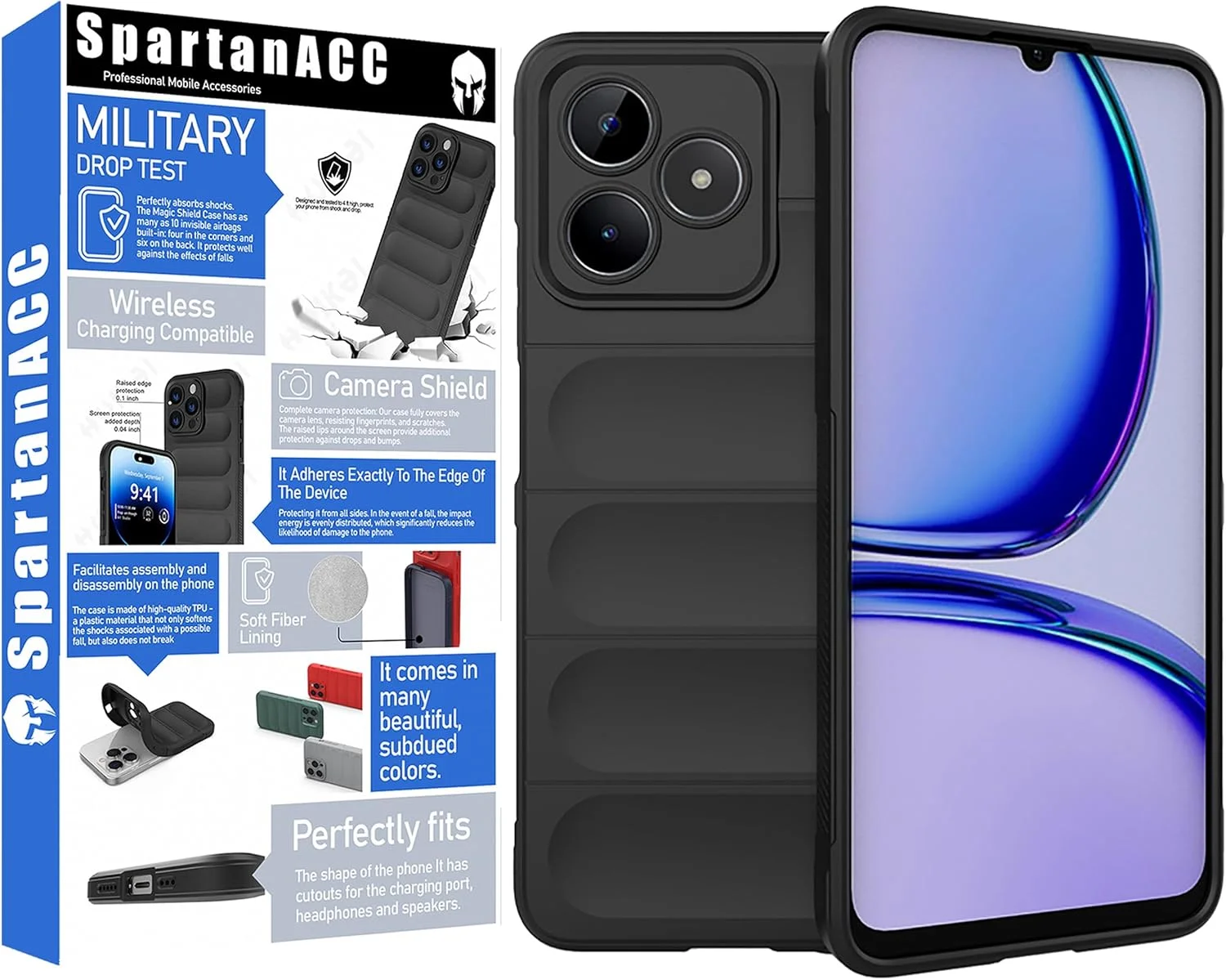 قاب گوشی ریل می C53/C51، محافظ صفحه نمایش شیشه ای ریل می C53/C51 [2 عدد] قاب سیلیکونی انعطاف پذیر ضد ضربه، گوشه های دارای ایربگ، پوشش ضد لغزش FlexArmor ریل می نوت 50 4G (مشکی، C53/C51 بدون شیشه)