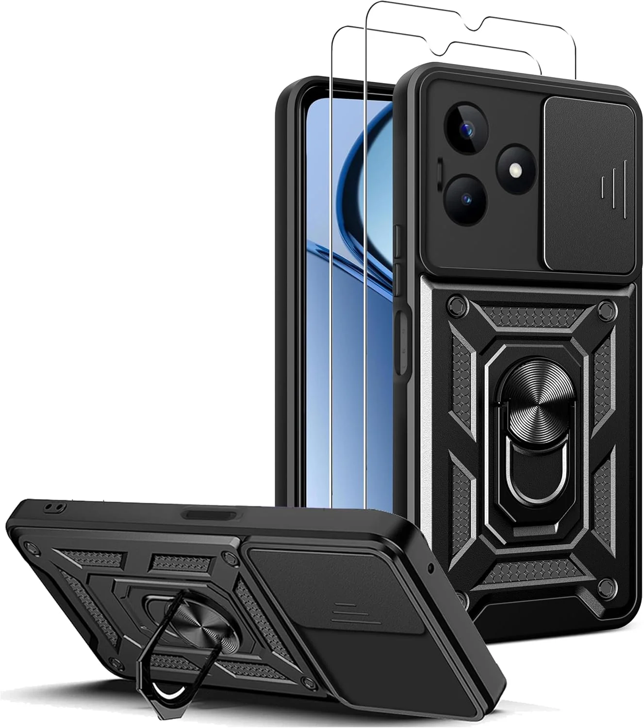 کاور محافظ گوشی ریلمی C61 / C63 4G به همراه محافظ صفحه نمایش [دو عدد]، کاور محافظ دوربین کشویی، محافظت سنگین نظامی - مشکی