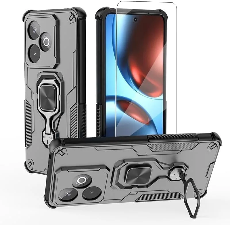 کاور محافظ گوشی ریلمی GT 7 / 7T 5G به همراه محافظ صفحه نمایش شیشه ای، کاور محافظ دو لایه مقاوم در برابر ضربه با پایه حلقه ای مغناطیسی - مشکی