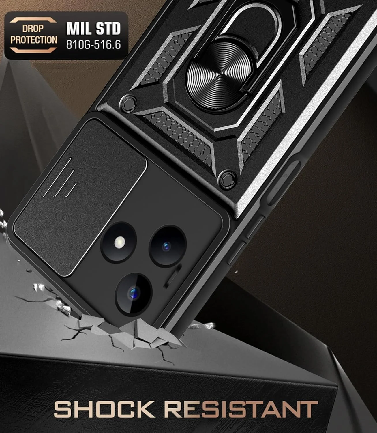 کاور محافظ گوشی ریلمی C61 / C63 4G به همراه محافظ صفحه نمایش [دو عدد]، کاور محافظ دوربین کشویی، محافظت سنگین نظامی - مشکی