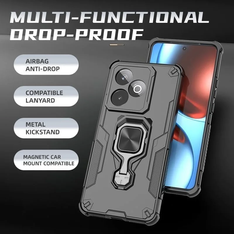 کاور محافظ گوشی ریلمی GT 7 / 7T 5G به همراه محافظ صفحه نمایش شیشه ای، کاور محافظ دو لایه مقاوم در برابر ضربه با پایه حلقه ای مغناطیسی - مشکی