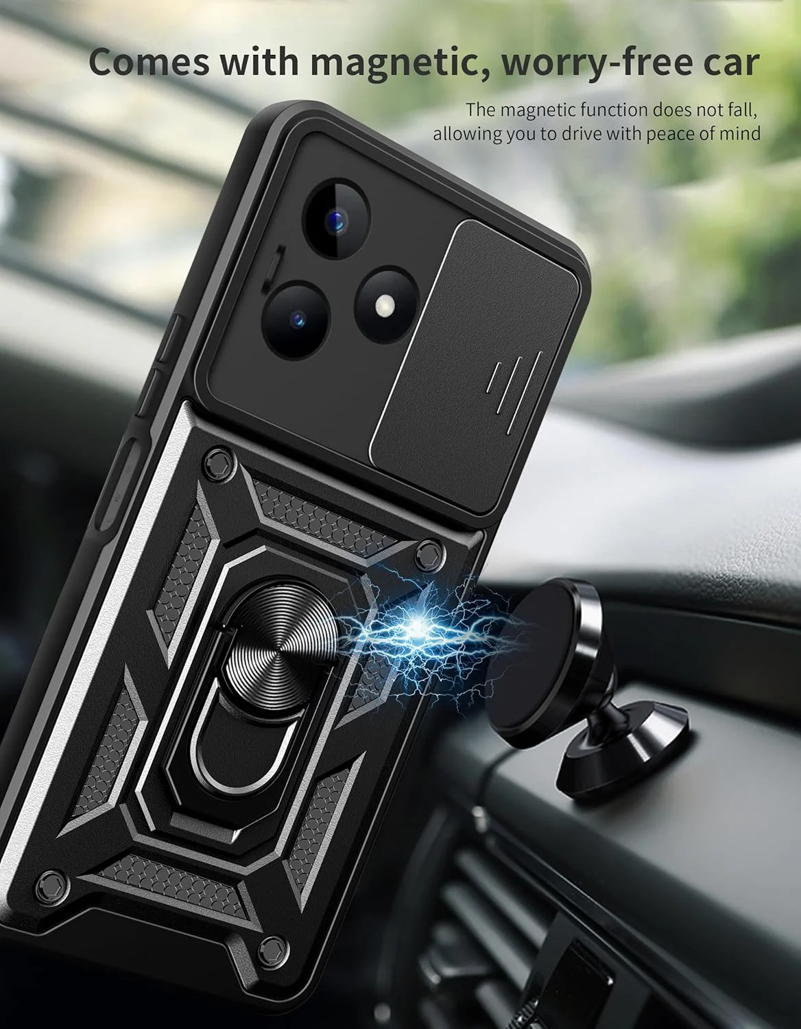 کاور محافظ گوشی ریلمی C61 / C63 4G به همراه محافظ صفحه نمایش [دو عدد]، کاور محافظ دوربین کشویی، محافظت سنگین نظامی - مشکی