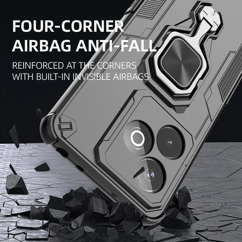 کاور محافظ گوشی ریلمی GT 7 / 7T 5G به همراه محافظ صفحه نمایش شیشه ای، کاور محافظ دو لایه مقاوم در برابر ضربه با پایه حلقه ای مغناطیسی - مشکی