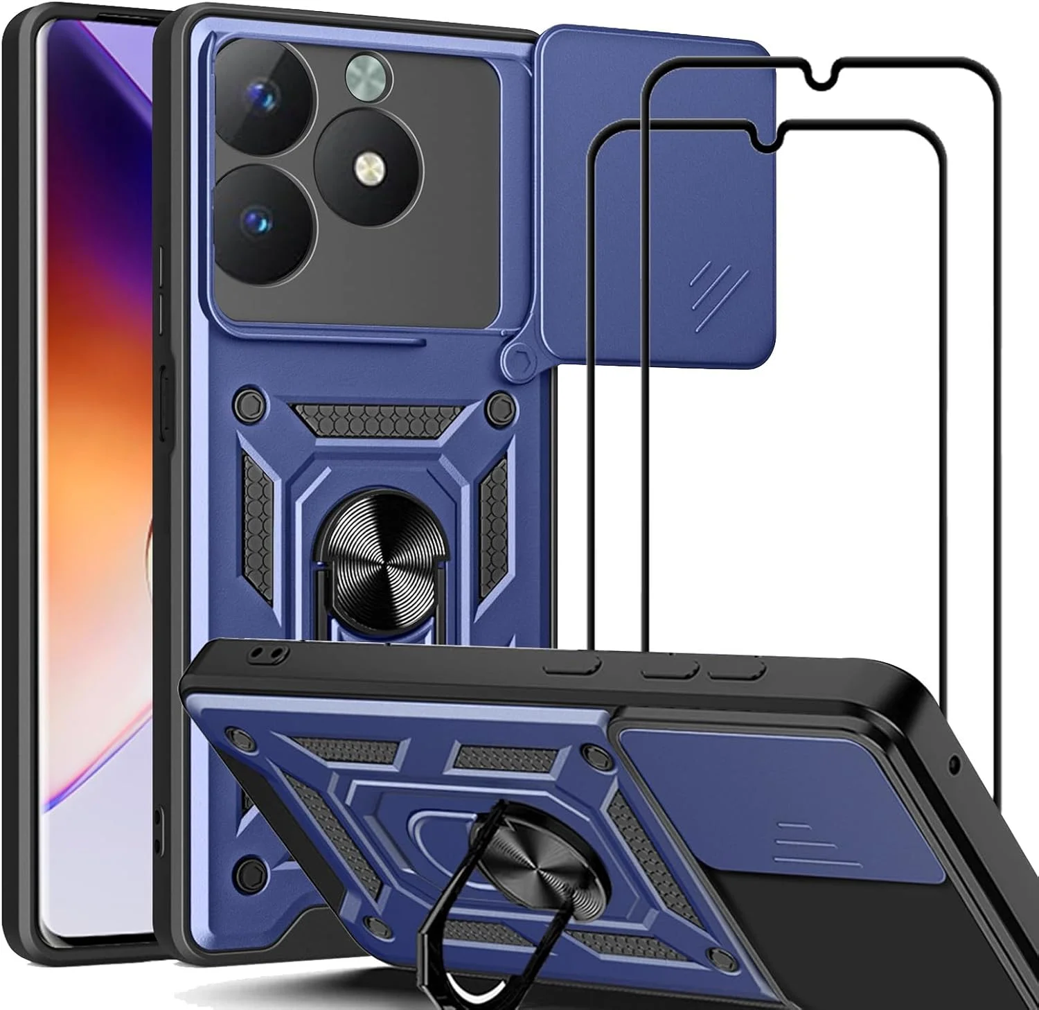 قاب محافظ گوشی CNPUTAO برای Realme C61 4G / Realme C63 4G با پوشش کشویی دوربین و حلقه استند به همراه محافظ صفحه نمایش شیشه ای حرارت دیده [2 عدد]، محافظ ضد ضربه درجه نظامی، آبی