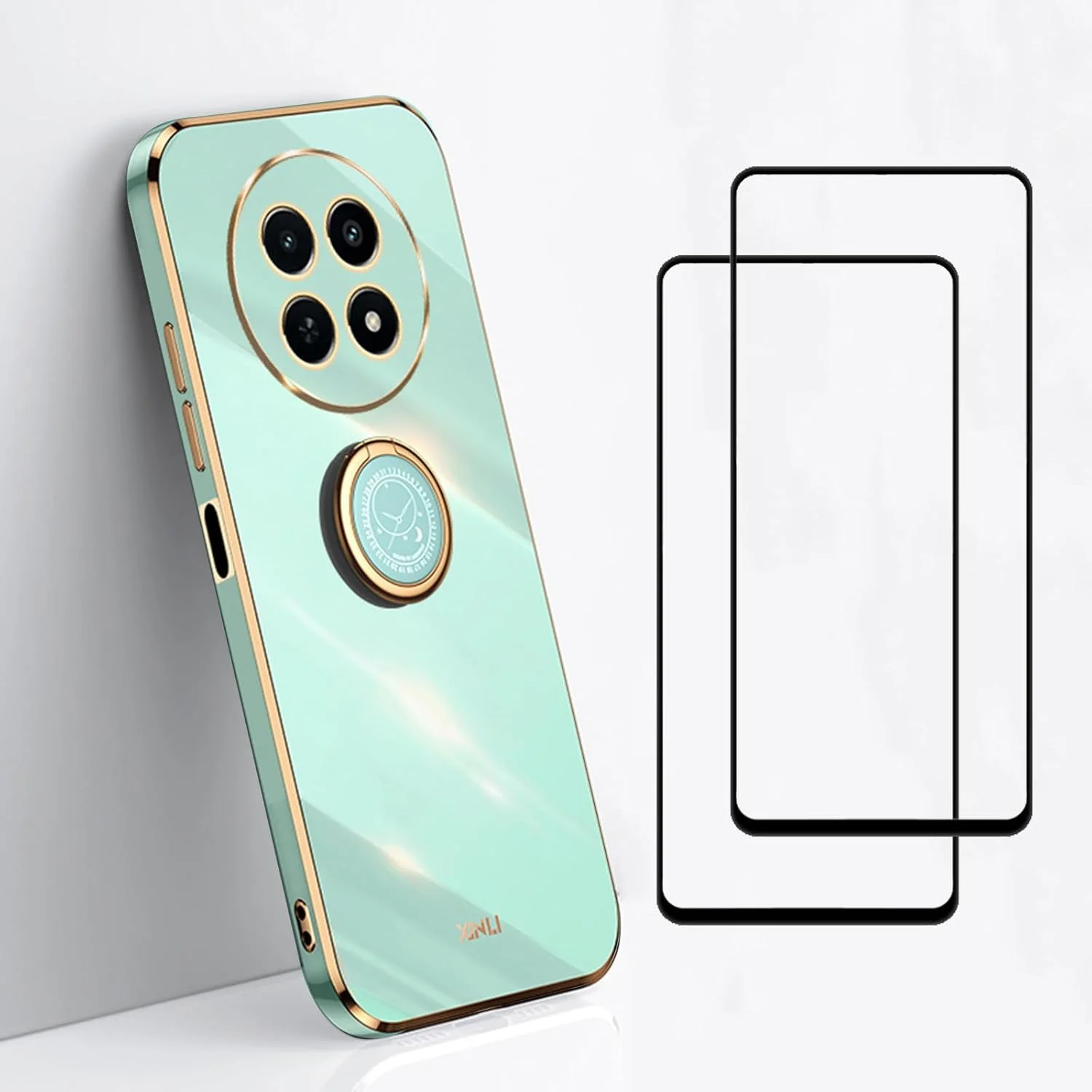 قاب گوشی EasyLifeGo برای Realme 12 5G / Realme 12x 5G به همراه محافظ صفحه نمایش شیشه ای حرارت دیده [2 عدد]، TPU نرم ضد ضربه با پایه انگشتی 360 درجه، قاب باریک با روکش آبکاری شده - سبز نعنایی