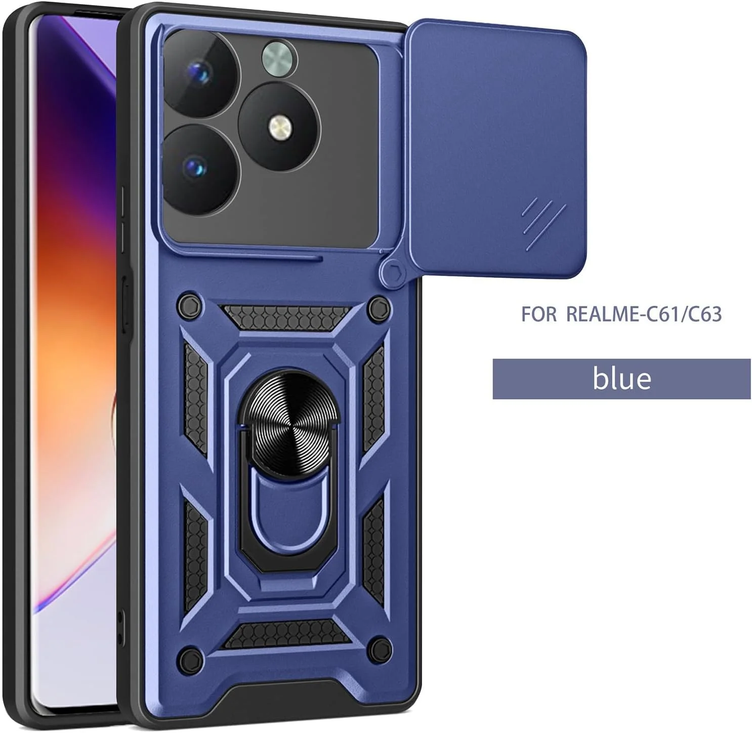 قاب محافظ گوشی CNPUTAO برای Realme C61 4G / Realme C63 4G با پوشش کشویی دوربین و حلقه استند به همراه محافظ صفحه نمایش شیشه ای حرارت دیده [2 عدد]، محافظ ضد ضربه درجه نظامی، آبی