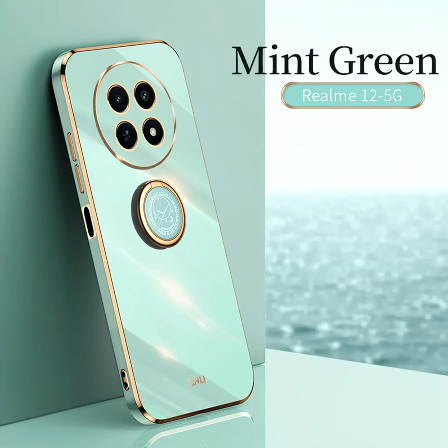 قاب گوشی EasyLifeGo برای Realme 12 5G / Realme 12x 5G به همراه محافظ صفحه نمایش شیشه ای حرارت دیده [2 عدد]، TPU نرم ضد ضربه با پایه انگشتی 360 درجه، قاب باریک با روکش آبکاری شده - سبز نعنایی