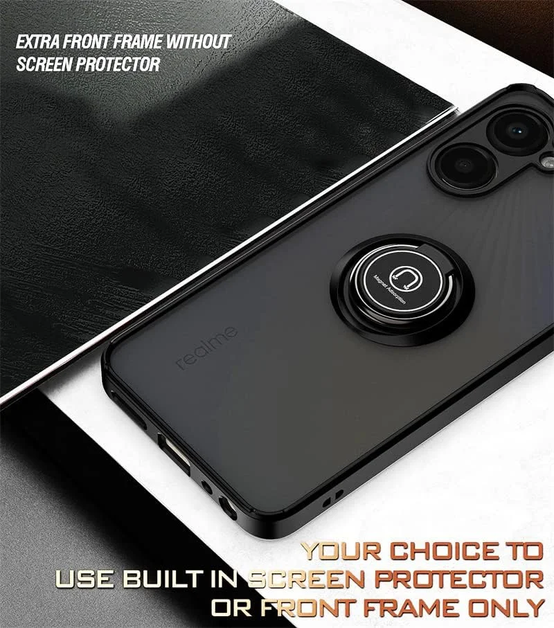 کاور محافظ گوشی اوپو ریلمی 10 پرو 5G، با حلقه فلزی، استند و قابلیت اتصال مغناطیسی به هولدر خودرو، ضد ضربه، با پشت مات و سخت، مناسب برای ریلمی 10 پرو 5G (مشکی)